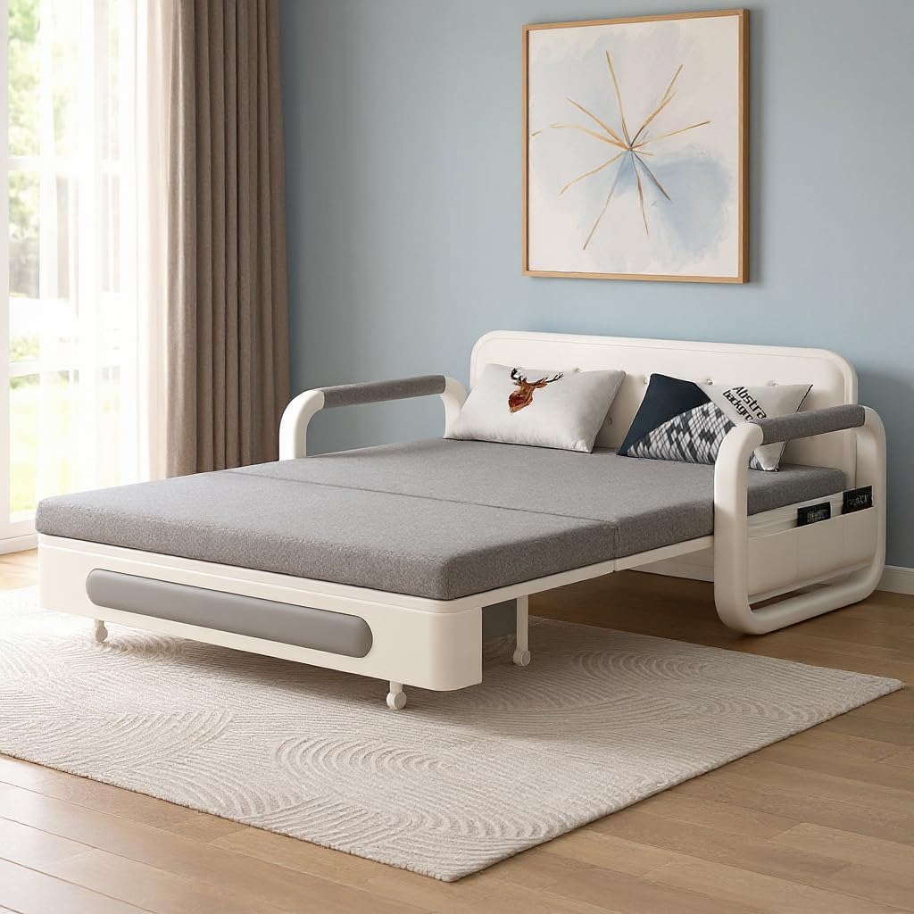 62' Versatile Pull-Out Sofa Bed – Modern Versatile Futon Sleeper Couch, Daybed with Trundle, Perfect for Living Room & RV, Gray/White
