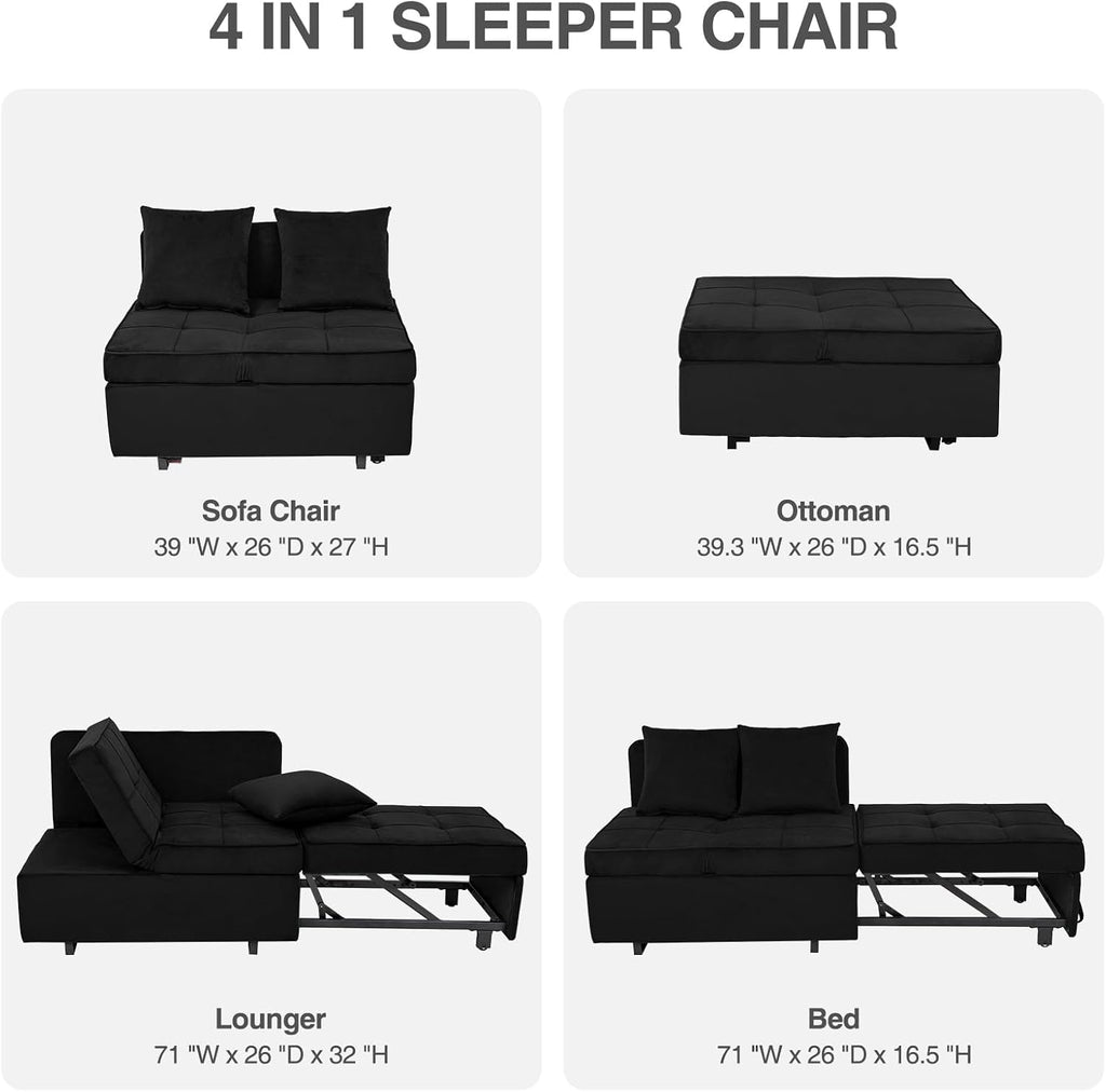 Sofa Bed 4-in-1 Convertible pull out Couch, Velvet Love seat Couch Sleeper Chair Bed with 2 Throw Pillow, Single Recliner with 5 Adjustable Backrests for Living Room Apartment Small Space, Black