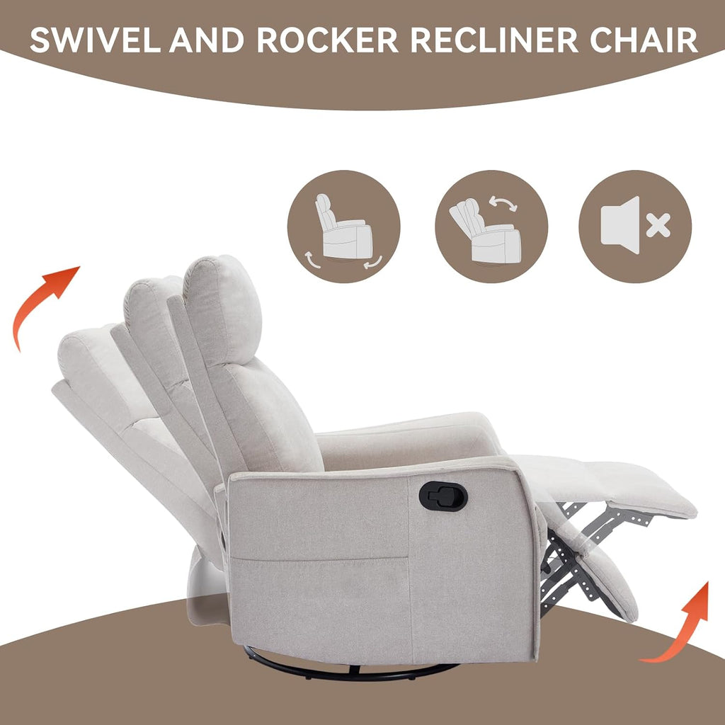 Massage Chair Recliner with Heat, 360° Swivel Glider Rocker with Reclining Backrest and Footrest, Manual Lazy Boy Recliners for Adults, Modern Nursery Rocking Chairs (Beige)