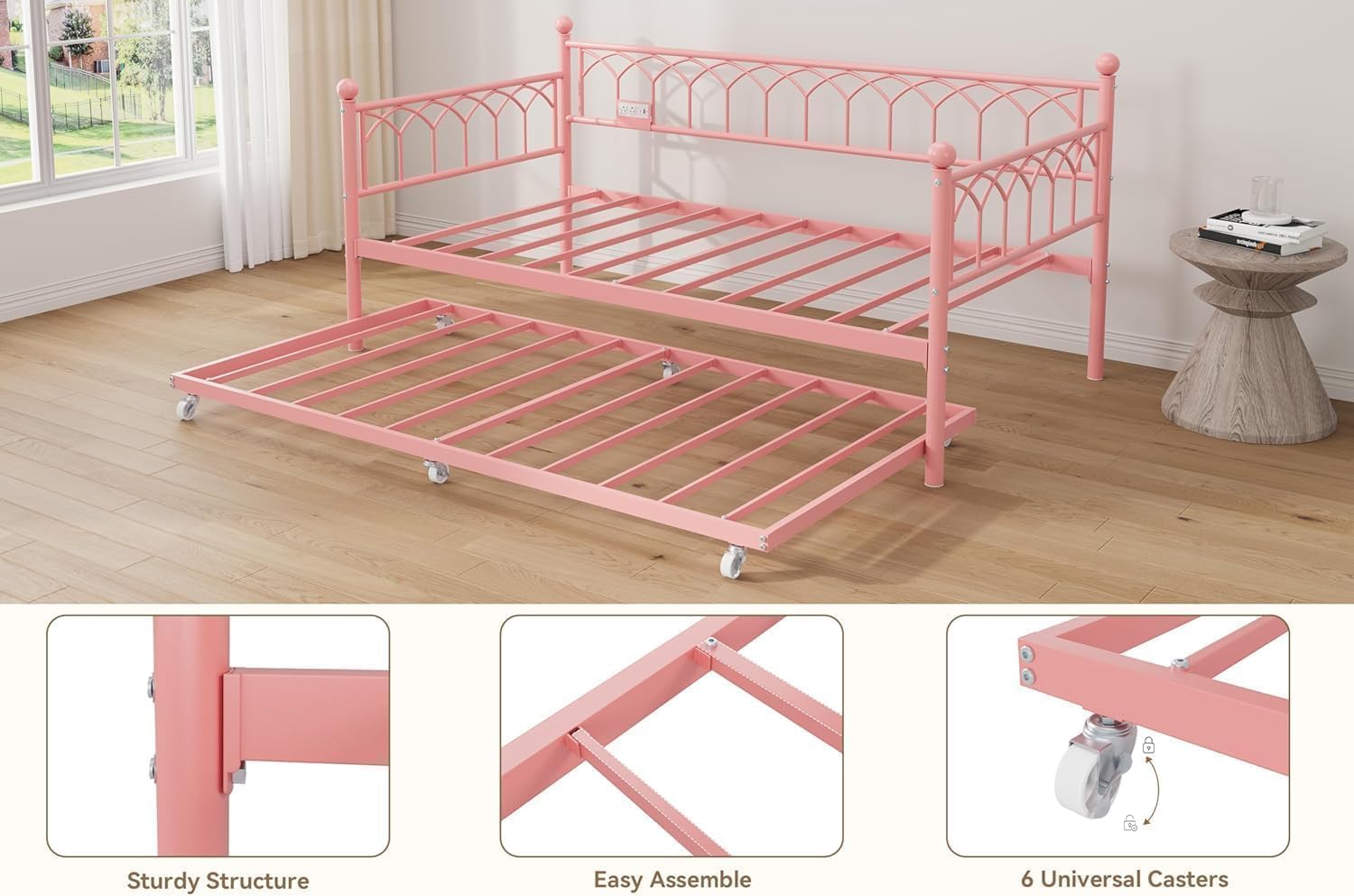 IDEALHOUSE Twin Daybed with Trundle, Day Bed with Charging Station and LED Lights, Heavy Duty Metal Bed Frame, Metal Sofa Bed Frame with Steel Slat Support for Living Room, Bedroom, Apartment, Pink