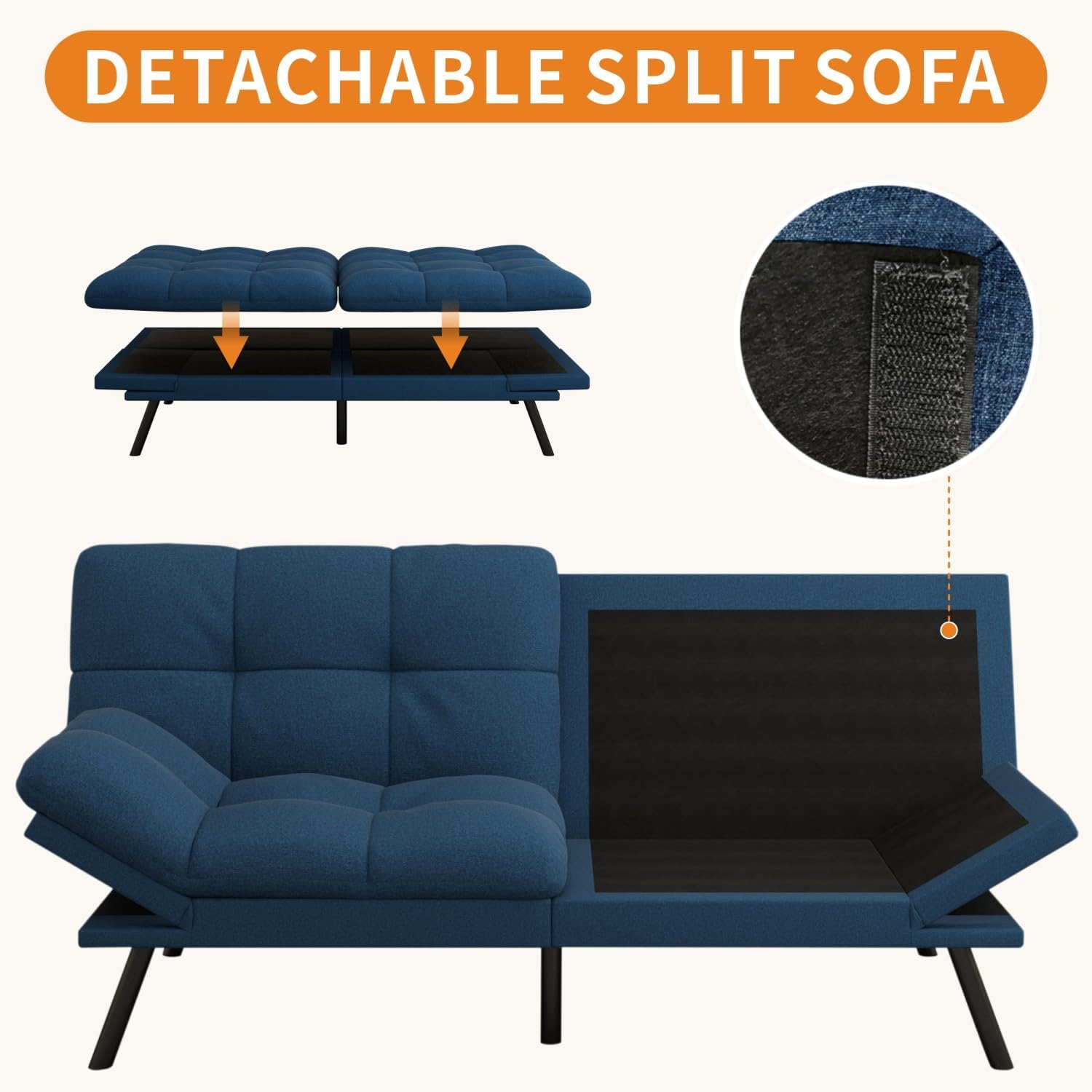 MUUEGM 71-Inch Convertible Futon Sofa Bed with Adjustable Backrest & Removable Armrests, Foldable Sleeper Loveseat for Small Space Living Room, Studio Apartment, Home Office，Blue