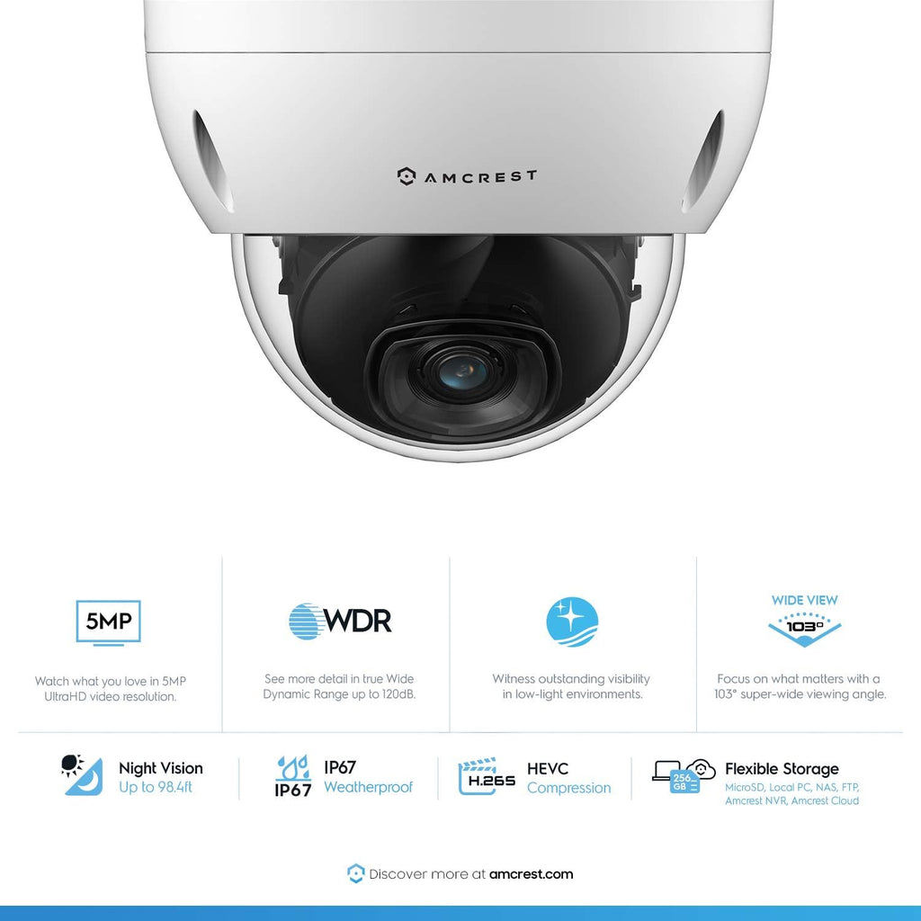 Amcrest 5MP Security Camera System, 4K 8CH PoE NVR, (4) x 5-Megapixel 2.8mm Wide Lens Weatherproof Metal Vandal Dome PoE IP Cameras, Pre-Installed 2TB Hard Drive, NV4108E-IP5M-D1188EW4-2TB (White)