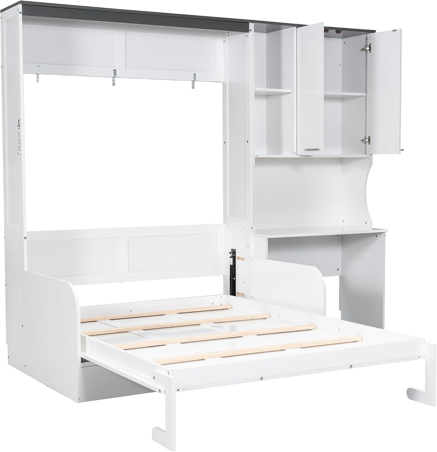 Merax Farmhouse Multi-Functional Murphy Bed with Sofa, Desk & Storage Cabinet,Solid Wood Foldable Wall Bed/Space Saving/No Box Spring Needed/Full,White + Gray