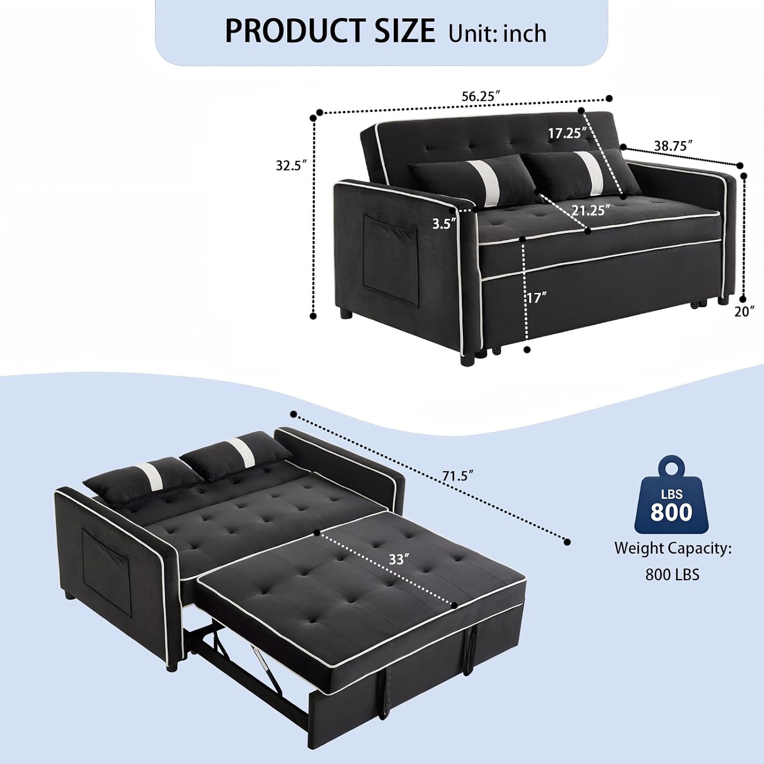 3 in 1 Convertible Sleeper Sofa Bed, Small Couch for Living Room Bedroom with Pullout Bed Adjustable Backrest,Velvet,Loveseat Sofa Bed,Futon Couches (Black)