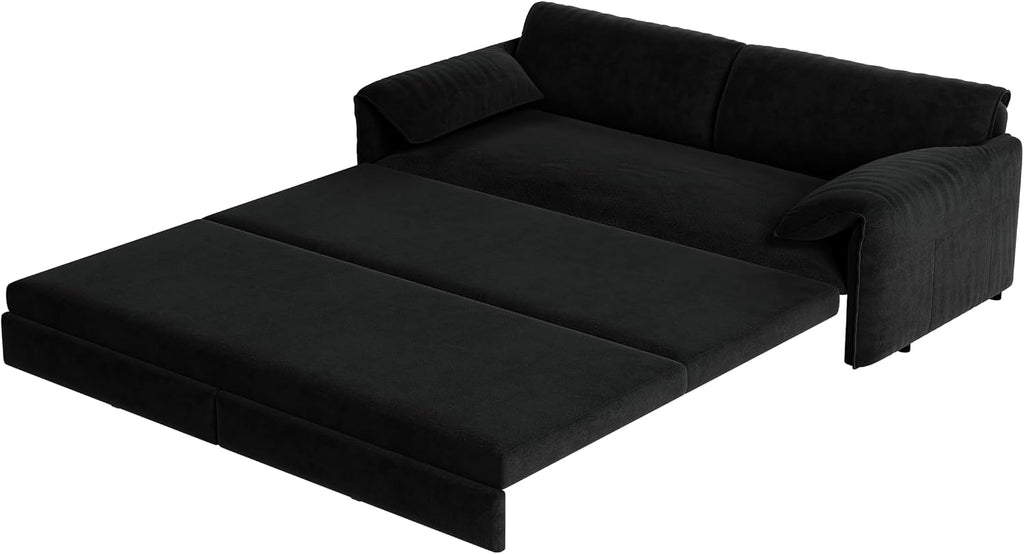 66' Sleeper Sofa Bed Queen Size, 3-in-1 Convertible Couch, Modern Pull Out Couches, Comfy Velvet Futon Sofa, Cloud Loveseat Lounge, Pillow Arm, for Small Spaces, Living Room, Apartment, Black