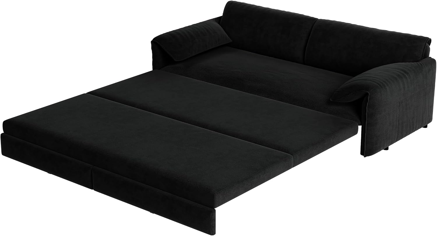 66' Sleeper Sofa Bed Queen Size, 3-in-1 Convertible Couch, Modern Pull Out Couches, Comfy Velvet Futon Sofa, Cloud Loveseat Lounge, Pillow Arm, for Small Spaces, Living Room, Apartment, Black