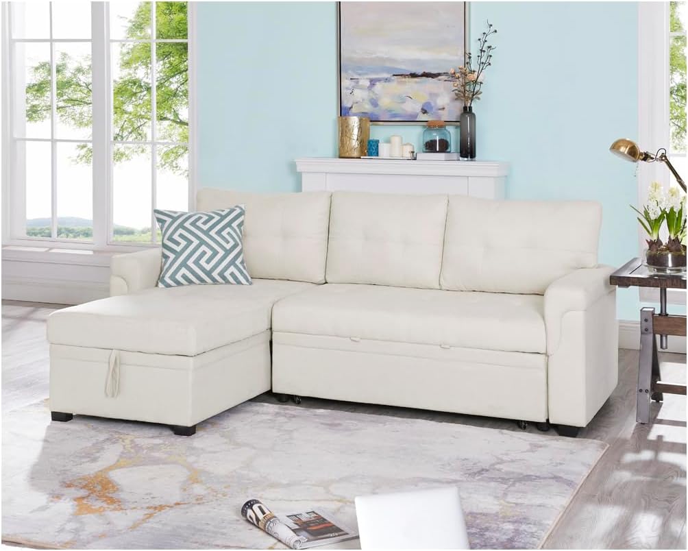 Naomi Home L Shaped Sectional Couch with Storage & Pull Out Bed – 3-in-1 Convertible Sleeper Sofa Bed, Small L Shape Sofa for Living Room, Sofa Bed with Storage Chaise in Cream, Velvet
