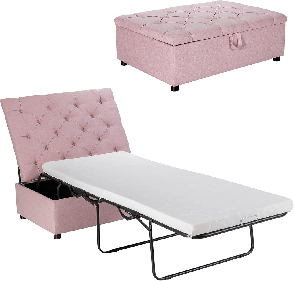 Giantex Ottoman Folding Bed, Fold Out Sleeper Bed with Mattress, Convertible Chair into Sofa Beds, Couch Sleeper w/Steel Frame, Dual Use Guest Lounge Beds, Living Room Bedroom Office(Pink)