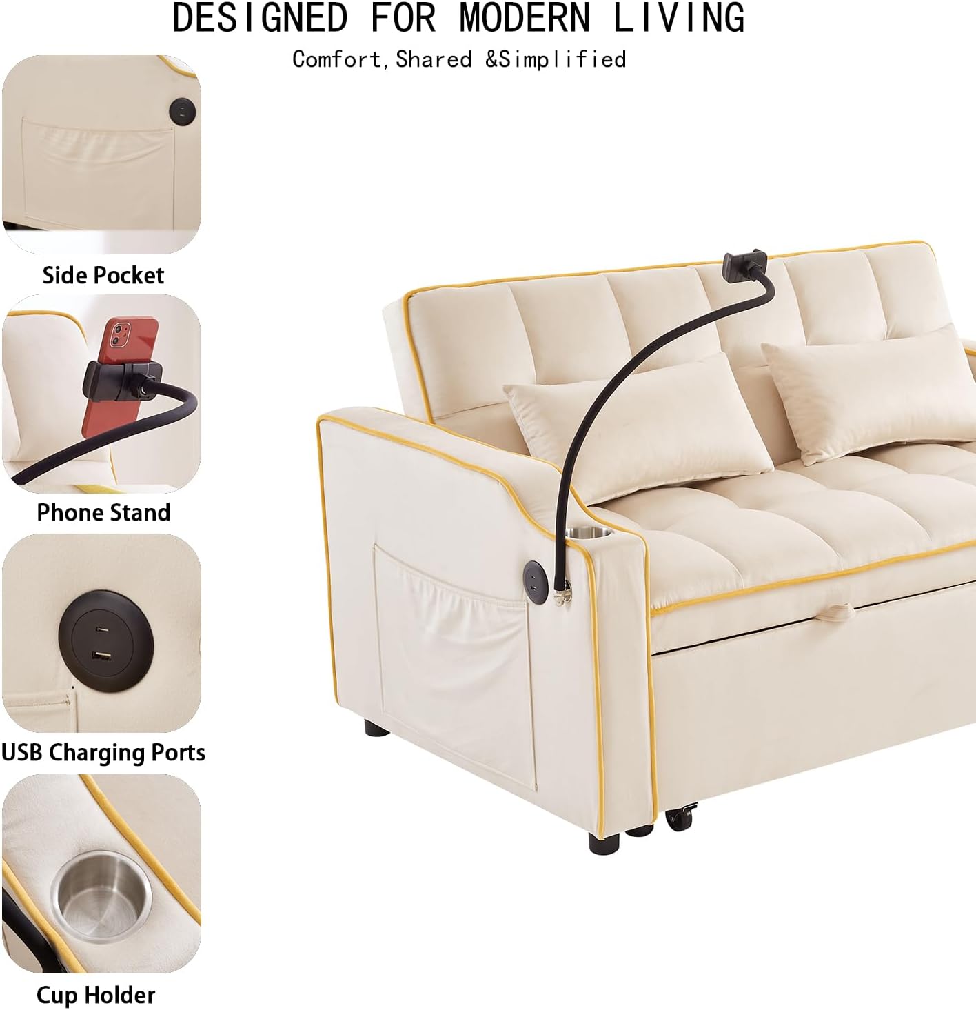 Convertible Sofa Bed, 3 in 1 Futon Sofa Bed with USB Charging Ports, Cup Holder, Phone Stand & Pocket, Modern Upholstered Sleeper Sofa for Living Room, Apartment or Small Space (Beige-L)