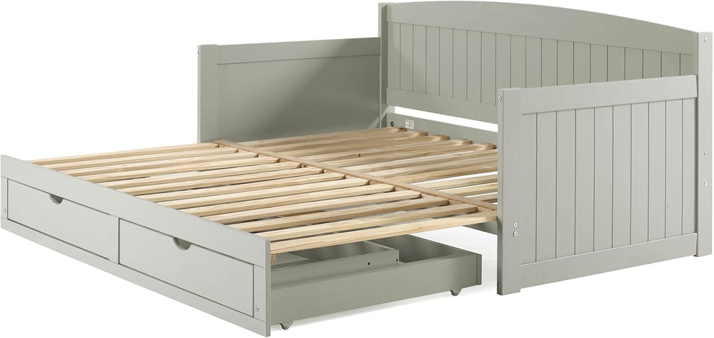 Alaterre Furniture Harmony Twin to King Daybed with Pop Up Trundle Bed - Solid Wood Twin Day Bed with 2 Pull-Out Storage Drawers and 400lb Capacity - For Kids, Guest Room, Living Room (Dove Gray)