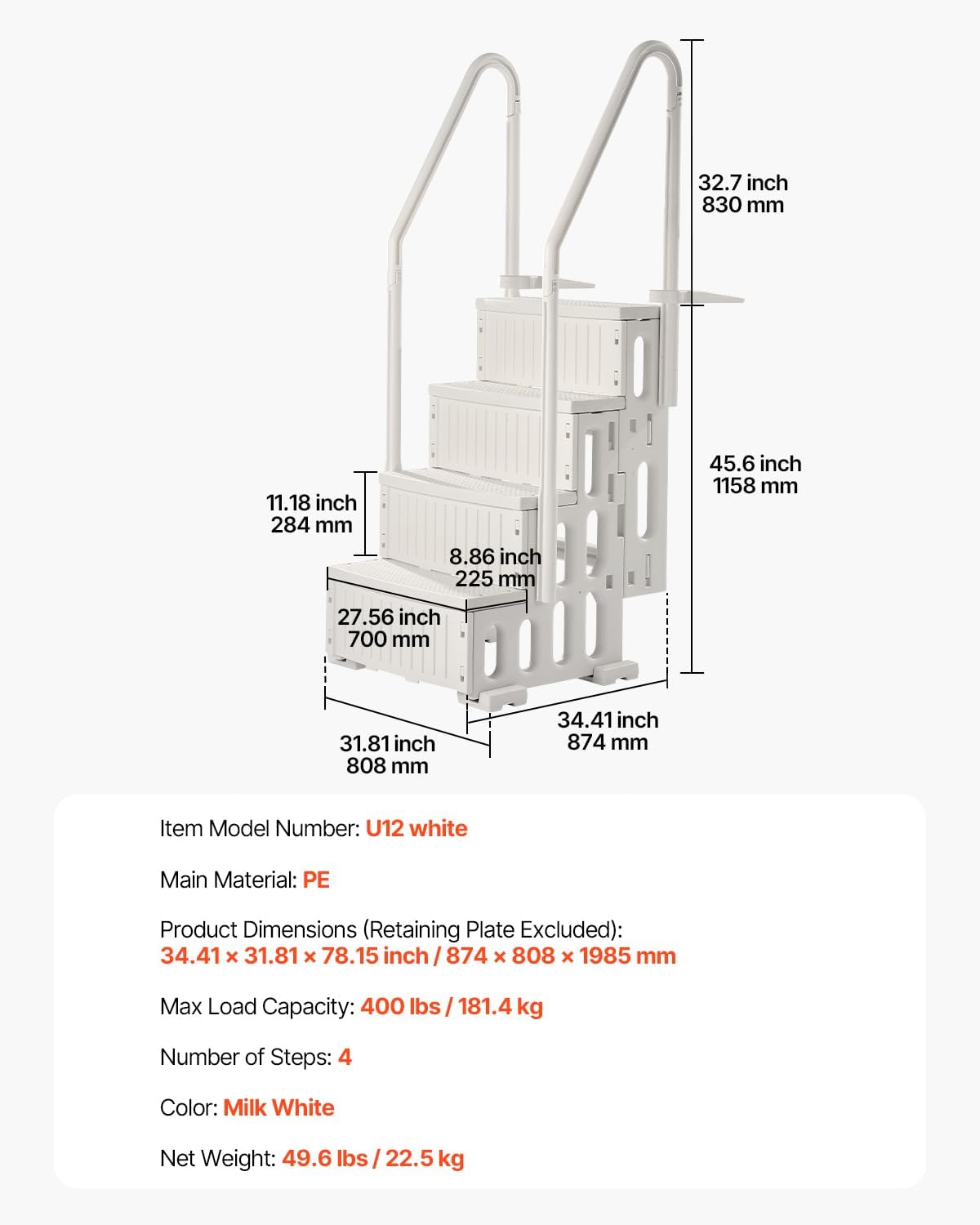 VEVOR Swimming Pool Ladder, 4-Step Double Handrails Stairs with Non-Slip Heavy Duty Steps, Max Load Capacity 400 lbs, for 48-54 in Inground & Above-Ground Pools of Any Decking Surface, Milk White