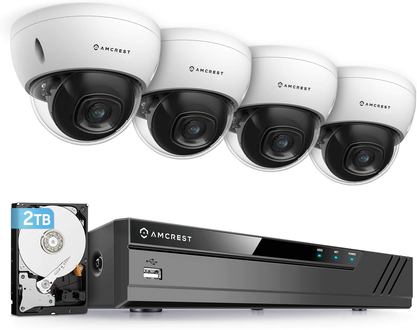 Amcrest 5MP Security Camera System, 4K 8CH PoE NVR, (4) x 5-Megapixel 2.8mm Wide Lens Weatherproof Metal Vandal Dome PoE IP Cameras, Pre-Installed 2TB Hard Drive, NV4108E-IP5M-D1188EW4-2TB (White)