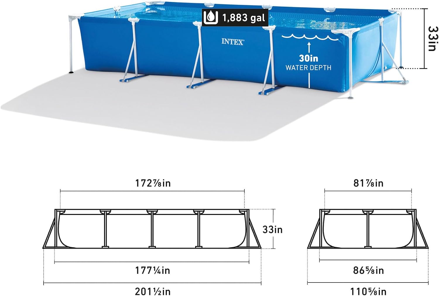 INTEX Rectangular Frame 14 ft 9 in x 7 ft 3 in x 33 in Above Ground Pool, Swimming Pool with Steel Frame, Pump Not Included