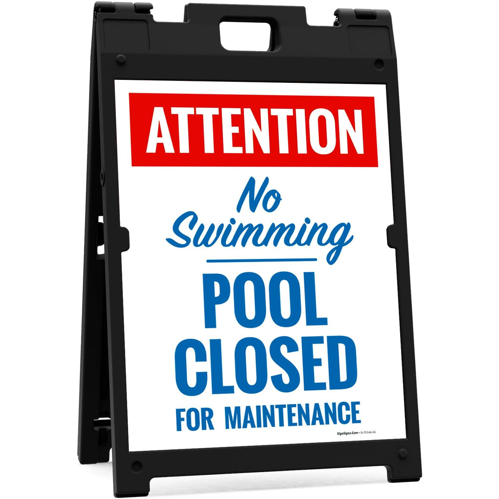 Attention Pool Closed for Maintenance No Swimming Folding Floor Sign, 18x24 Inches, with A Frame Stand, Made in USA by Sigo Signs