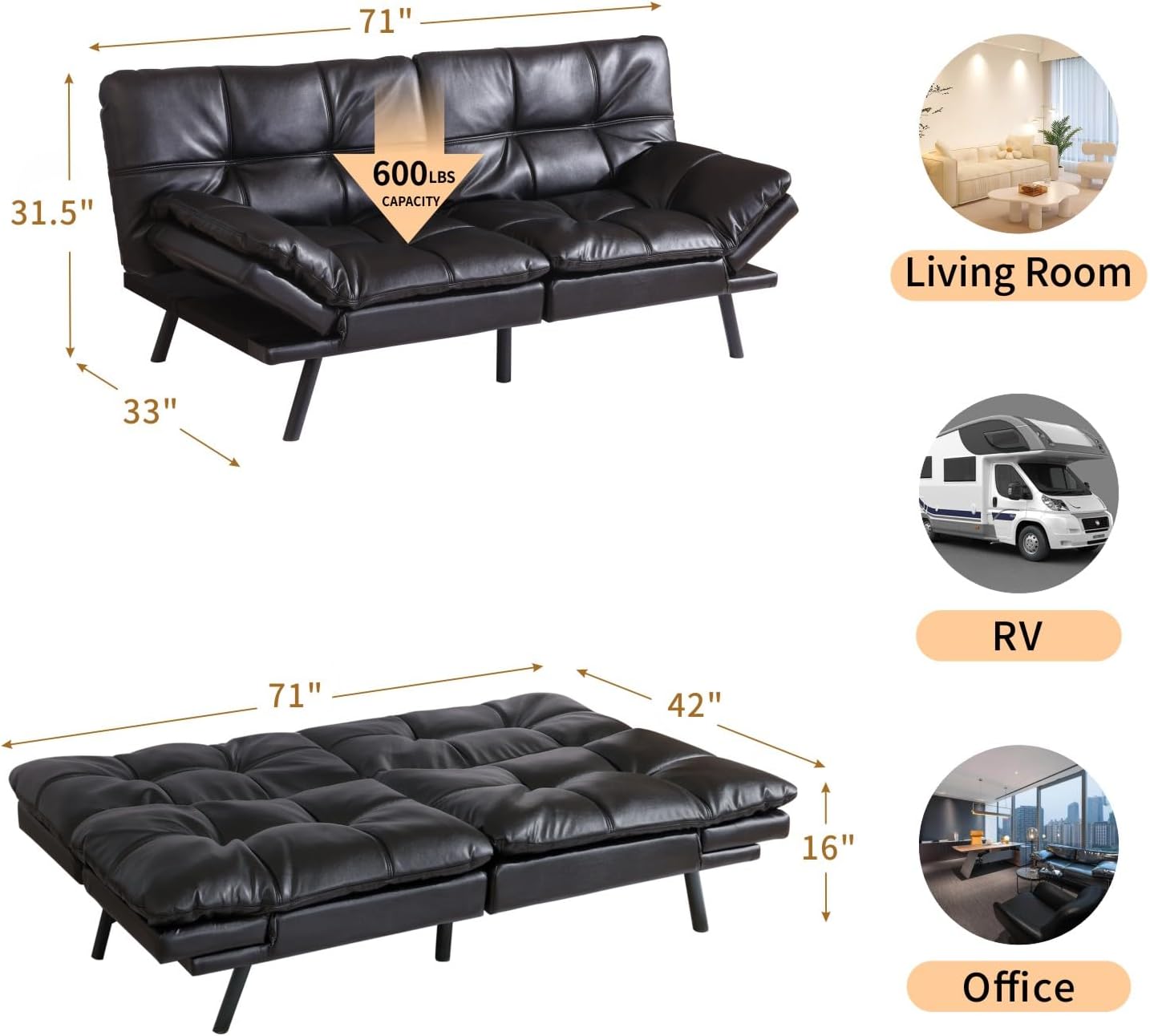 MUUEGM Convertible Memory Foam Sofa Bed with Adjustable Backrest & Armrest, Modern Futon Couch for Living Room, Office, Apartment, Space-Saving Design, Easy Assembly,Black