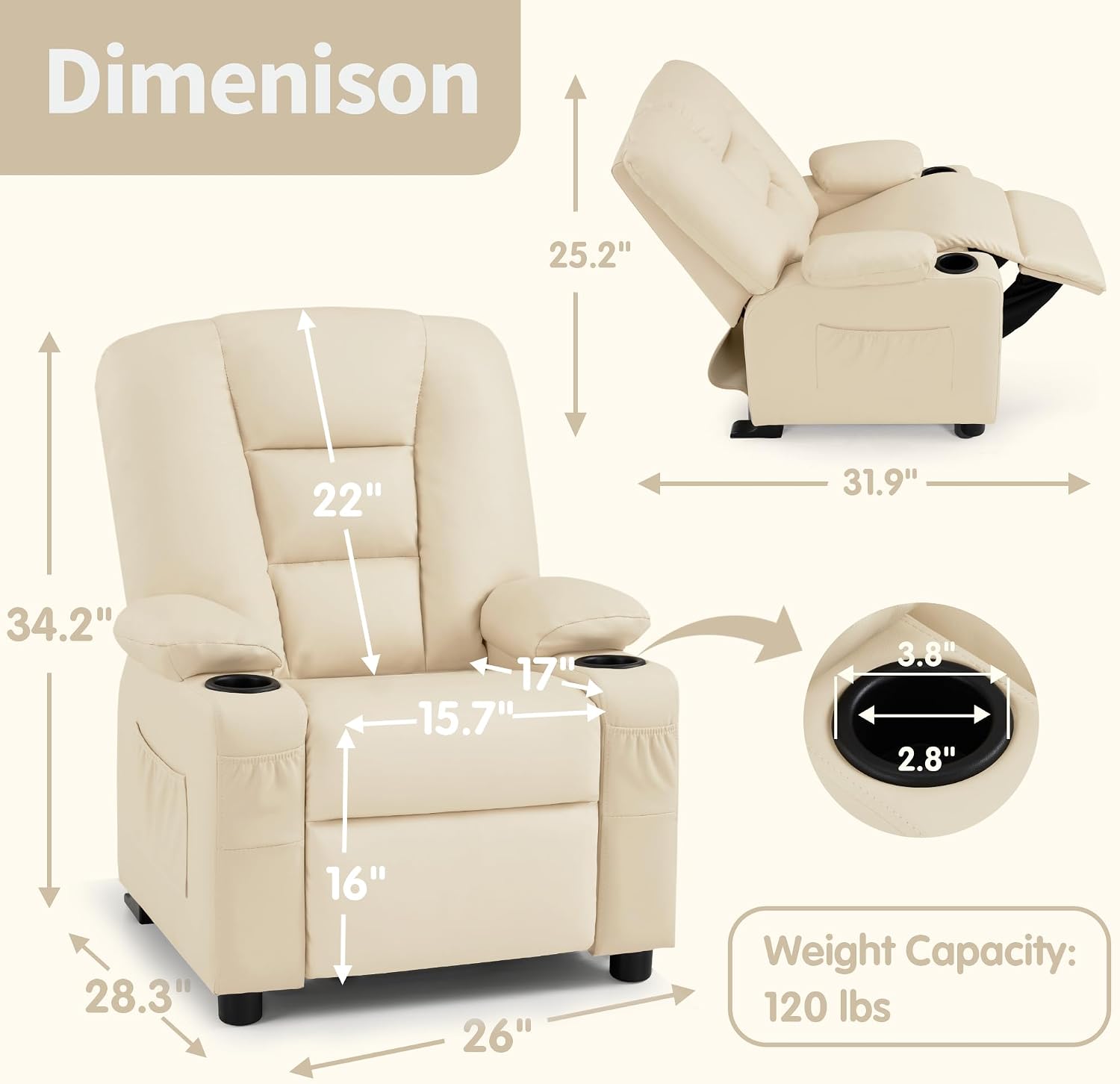 MCombo Big Kids Recliner for Ages 3+, Child Reclining Chair, Toddlers Recliner Sofa with Cup Holders, Faux Leather, 7322(Cream White)