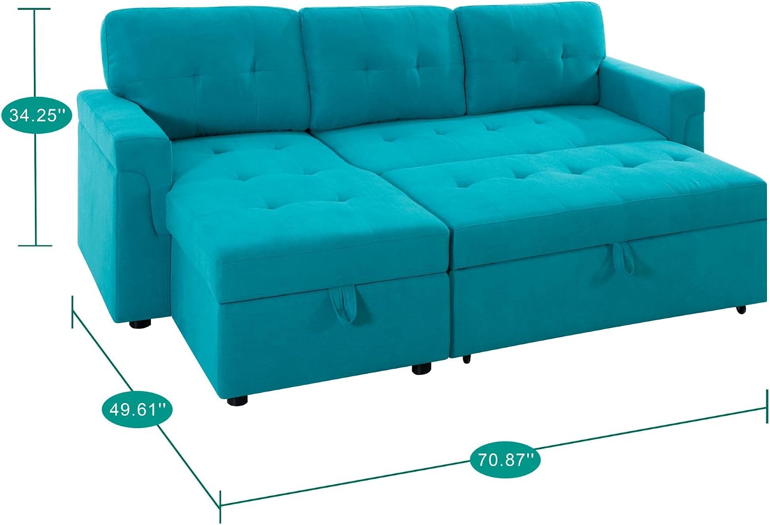 Naomi Home L Shaped Sectional Couch with Storage & Pull Out Bed – 3-in-1 Convertible Sleeper Sofa Bed, Small L Shape Sofa for Living Room, Sofa Bed with Storage Chaise in Teal, Velvet