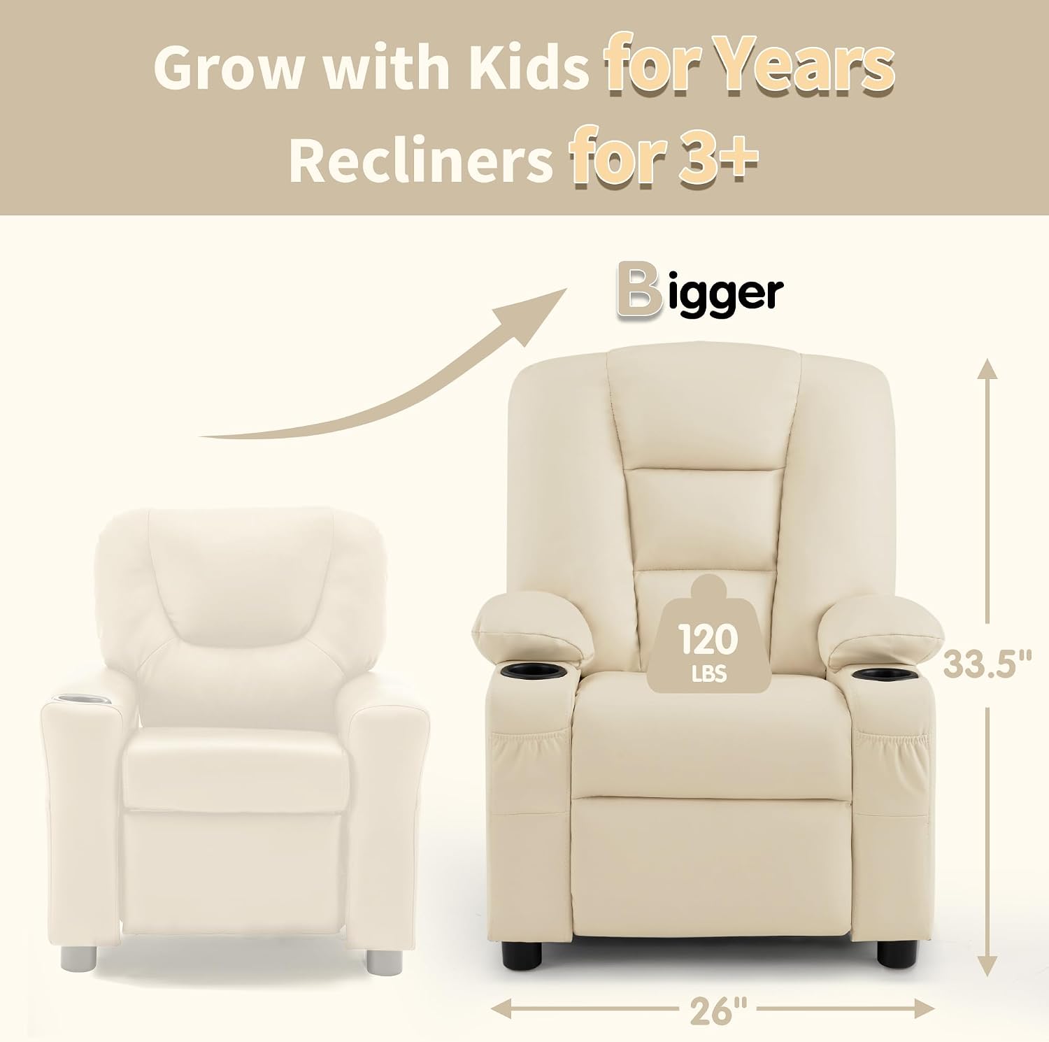 MCombo Big Kids Recliner for Ages 3+, Child Reclining Chair, Toddlers Recliner Sofa with Cup Holders, Faux Leather, 7322(Cream White)