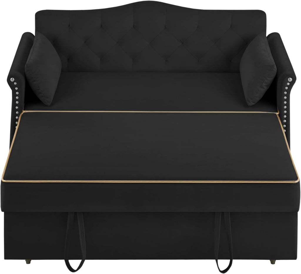 Auvsoce 57'' Convertible Sleeper Sofa Bed with Adjustable Backrest, Chaise Lounge, 2 Pillows & Side Storage Pockets – Stylish & Functional Furniture for Living Room or Small Spaces (Black Sofa Bed)