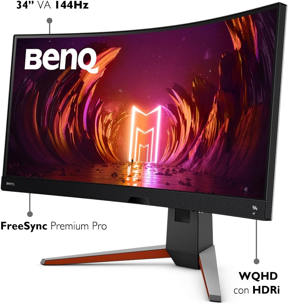BenQ MOBIUZ EX3410R Curved Gaming Monitor 34' 2K 1440p 144Hz 1ms w/Remote | HDRi | 1000R | Color Optimizer | Freesync Premium Pro | Eye-Care | Height, Swivel & Tilt | 2.1ch w/ 5w Sub | USB Hub