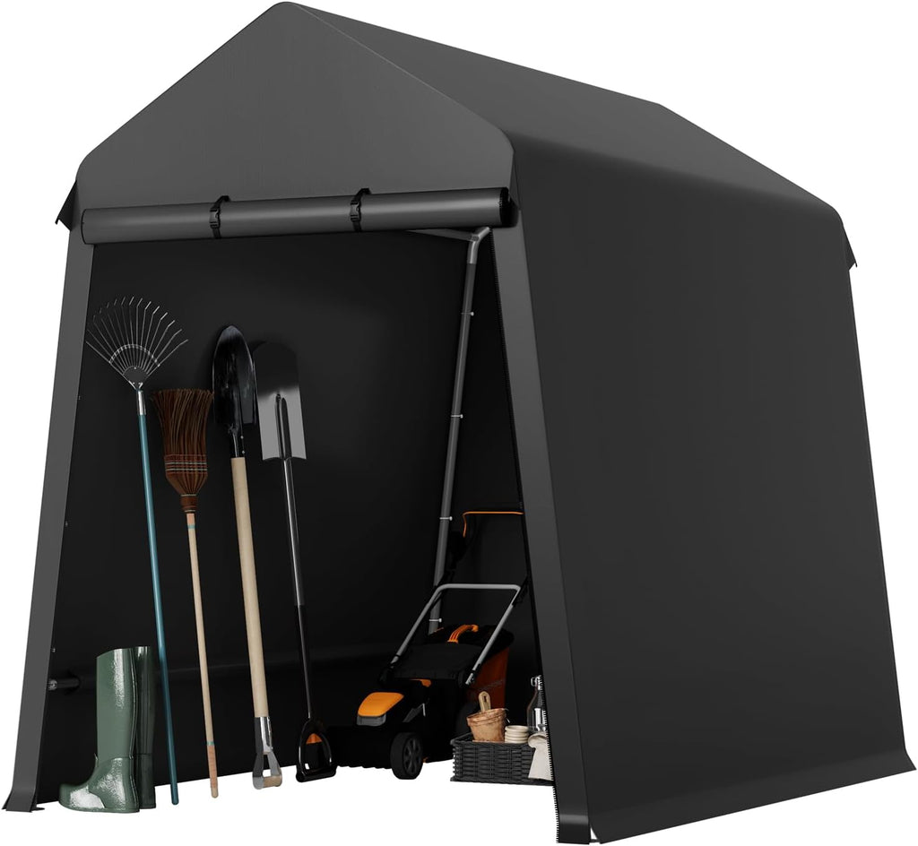 GarveeLife 6X8 ft Heavy Duty Outdoor Shed,Portable Storage Shed,with 2 Rolled Up Zipper Doors,Vents Carports & Waterproof Cover Temporary Shelter for Motorcycle,Gardening Tools and Generator(Black)