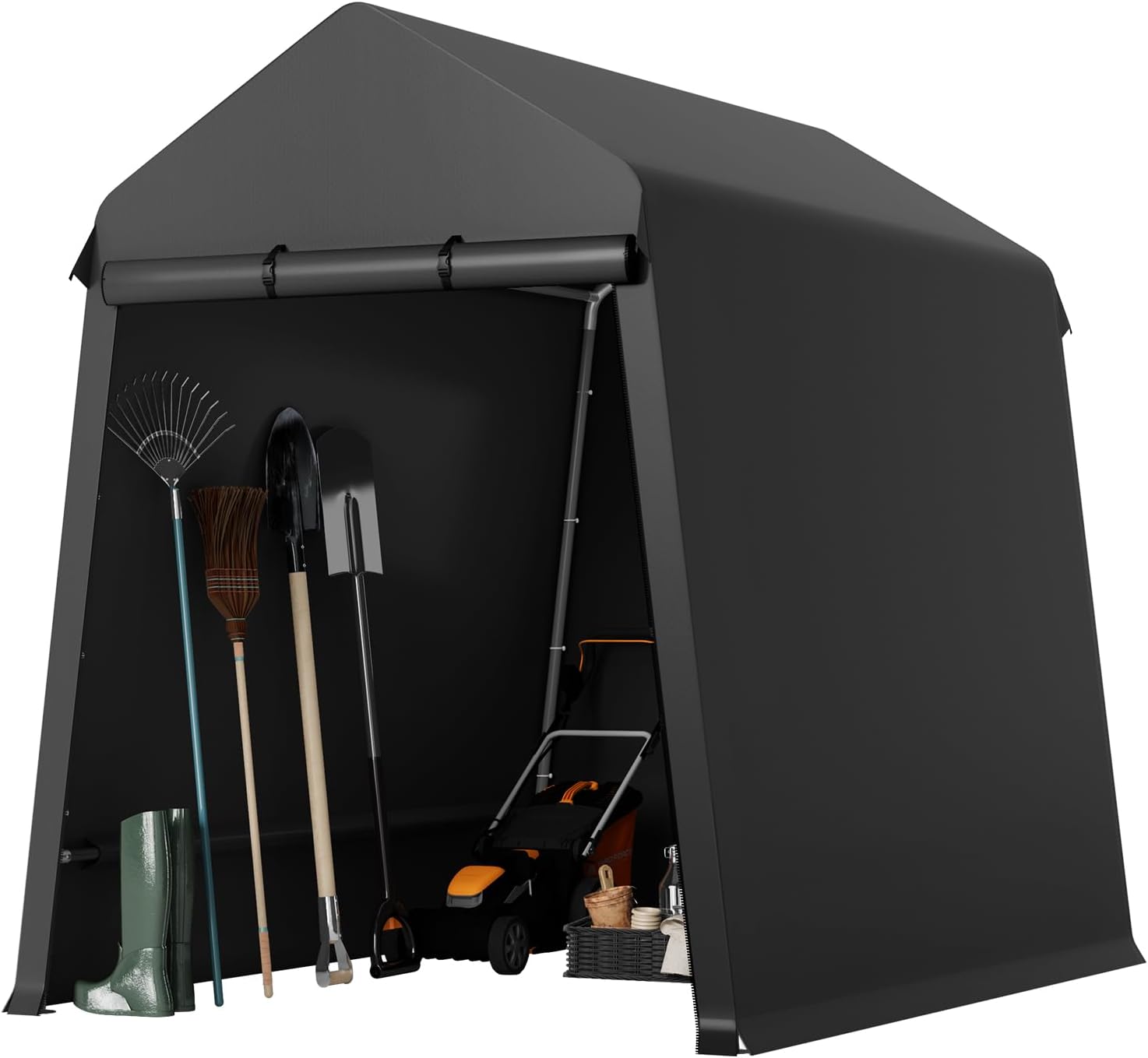 GarveeLife 6X8 ft Heavy Duty Outdoor Shed,Portable Storage Shed,with 2 Rolled Up Zipper Doors,Vents Carports & Waterproof Cover Temporary Shelter for Motorcycle,Gardening Tools and Generator(Black)
