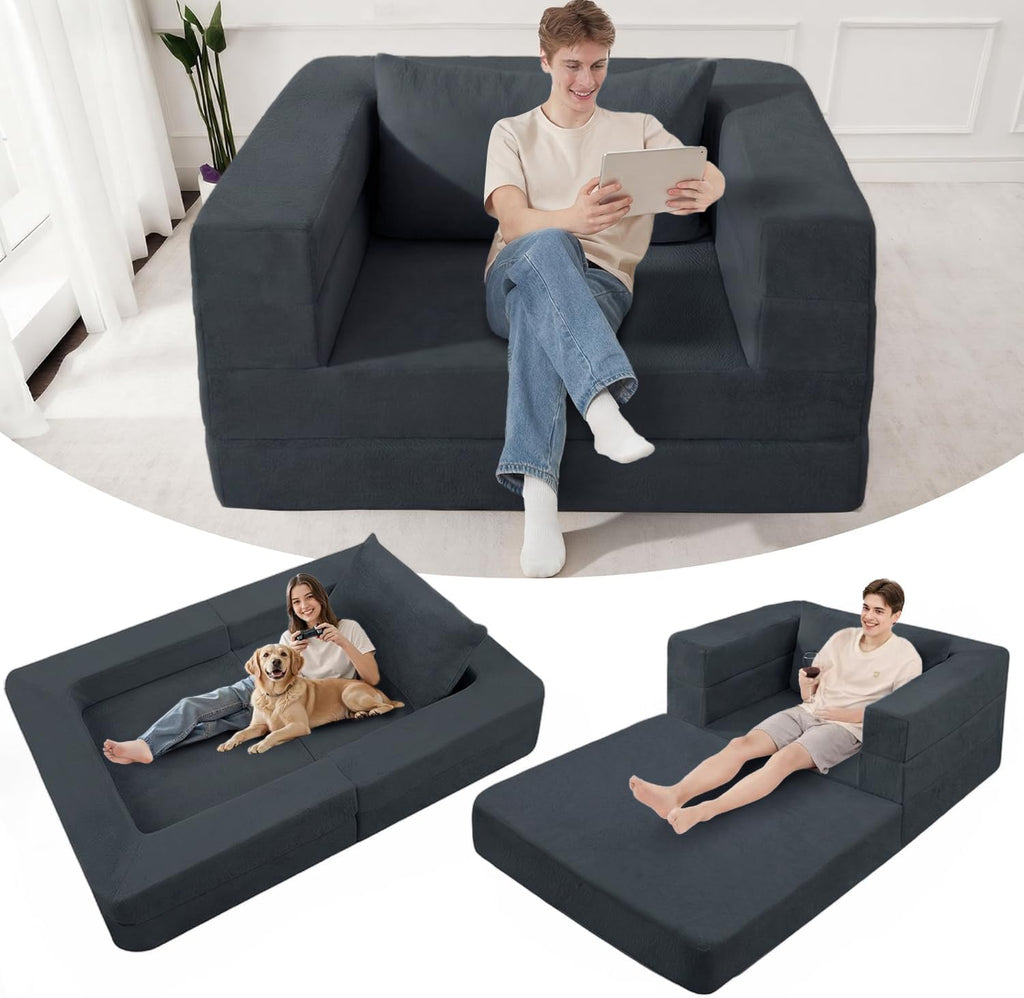 Futon Sofa Bed with Pillow, 3-in-1 Sleeper Sofa Bed with Removable Cover, Convertible Floor Sofa Bed, No Assembly Boneless Couch for Living Room, Bedroom