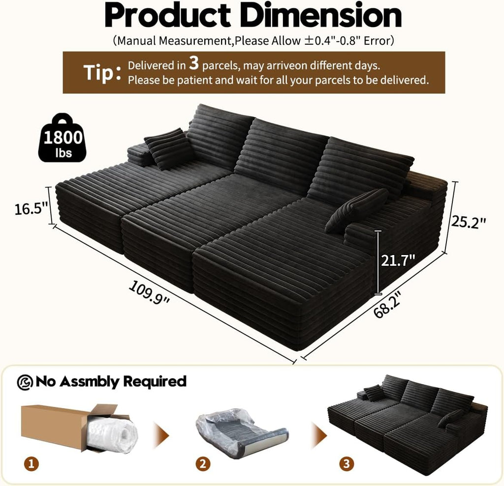 Oversized Lounge Chaise,Cloud Plush Sofa Bed,Upholstered Boneless Cloud Sofa Deep Seat,No Assembly Required,Modern Corduroy Sleeper 3 Seater Chair for Living Room Bedroom Reading,Black