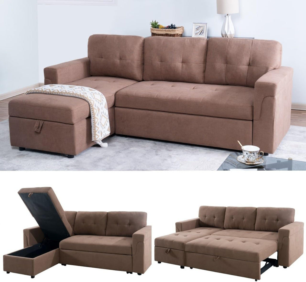 Naomi Home L Shaped Sectional Couch with Storage & Pull Out Bed – 3-in-1 Convertible Sleeper Sofa Bed, Small L Shape Sofa for Living Room, Sofa Bed with Storage Chaise in Mocha, Velvet