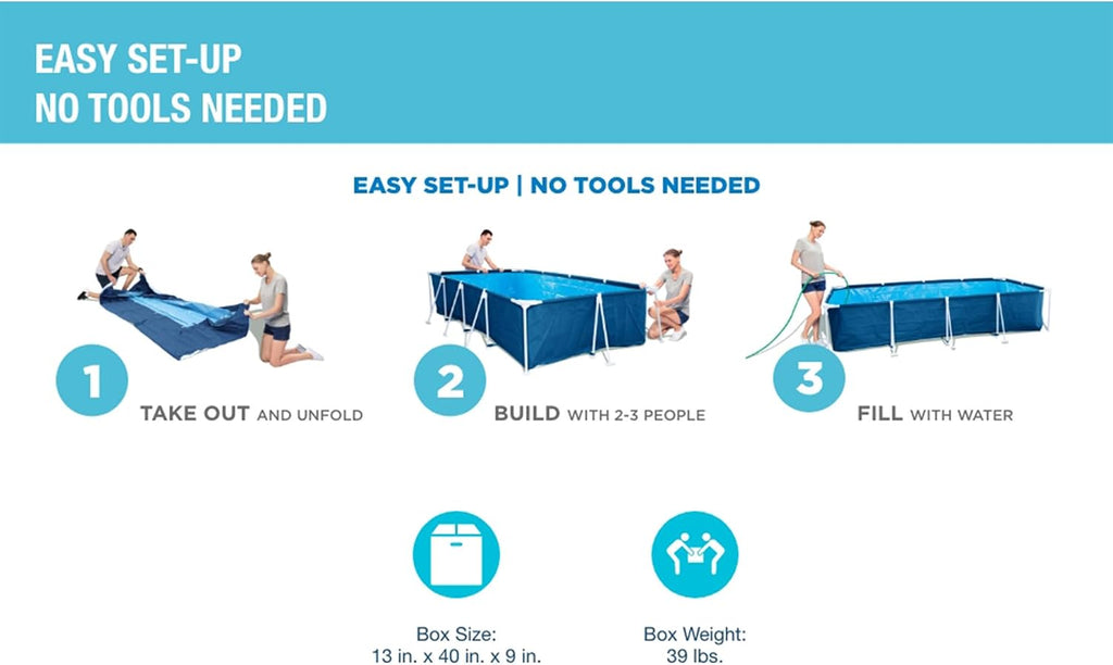 Bestway Steel Pro 9 Feet 10 Inch x 6 Feet 7 Inch x 26 Inch Rectangle Above Ground 872 Gallon Pool Set with DuraPlus Liner and FrameLink System