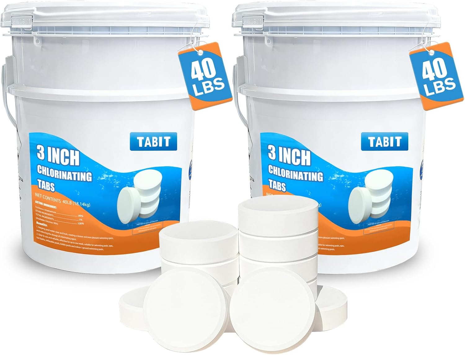 TABIT 80 lbs Chlorine Tablets 3 Inch for Swimming Pools – Slow Dissolving & Long Lasting – 99% Available Chlorine Tri-Chlor – Kills Bacteria & Stops Algae – 2 x 40 lb Buckets