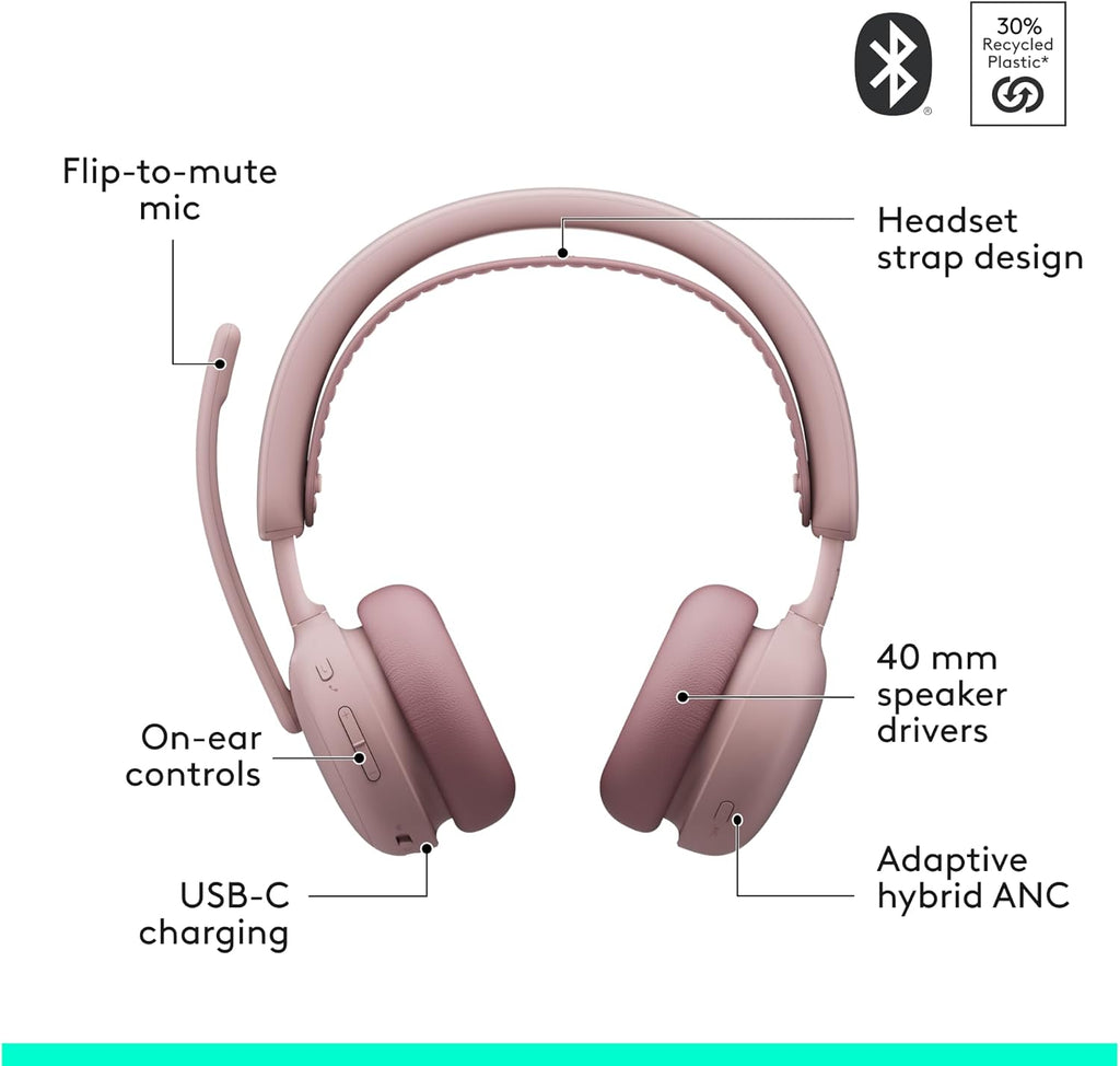 Logitech Zone Wireless 2 ES - Noise-Canceling Wireless Headset with Adaptive Hybrid ANC, Bluetooth - Rose
