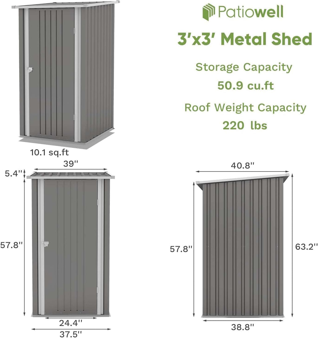 Patiowell 3x3 FT Storage Shed, Outdoor Metal Small Sheds with Lockable Door and Sloping Roof, Waterproof Outside Utility Garden Tool Shed for Patio Lawn Backyard, Gray