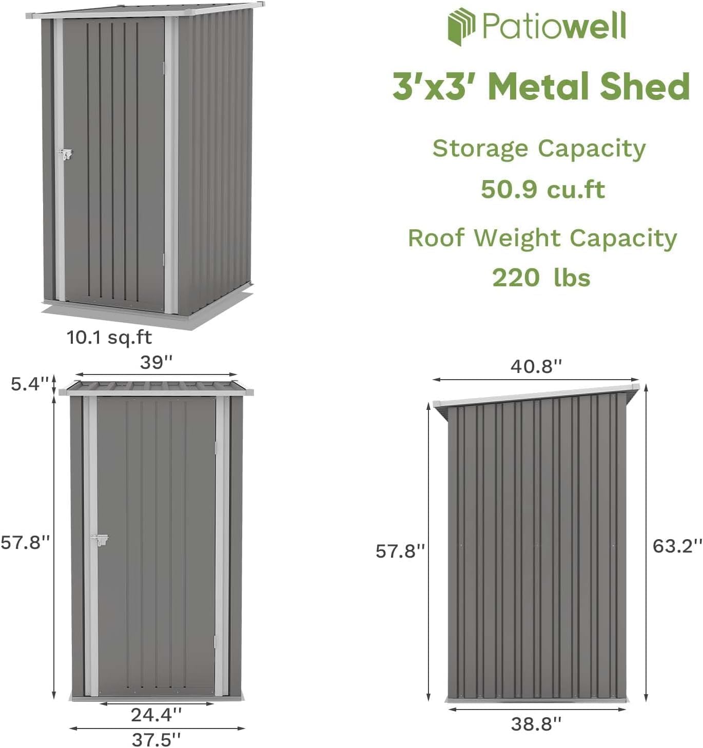 Patiowell 3x3 FT Storage Shed, Outdoor Metal Small Sheds with Lockable Door and Sloping Roof, Waterproof Outside Utility Garden Tool Shed for Patio Lawn Backyard, Gray