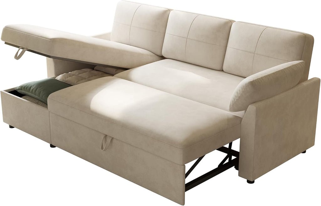 PaPaJet Sofa Bed, Sleeper Sofa with Storage Chaise, L Shaped Sofa with Pull Out Bed, Oversized Sofas for Living Room, Beige