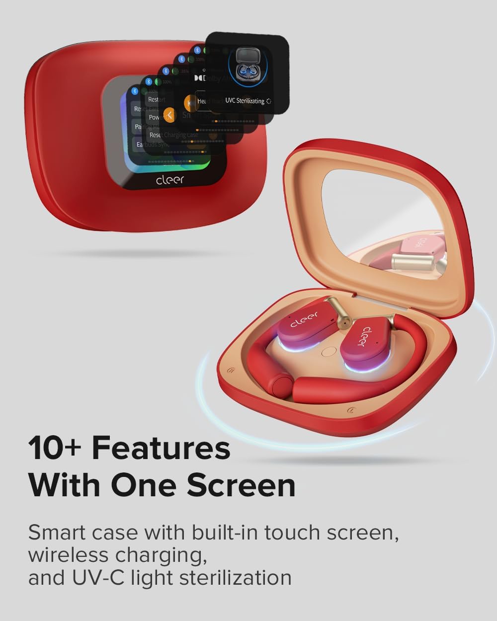 Cleer ARC 3 Sports Pro Open Ear Headphones - Dolby Audio, Snapdragon Sound True Wireless Earbuds,40Hr Battery, Bluetooth 5.4, IPX7,Heart Rate Tracking,Wireless Charging Smart Case, Comfort Fit, Red