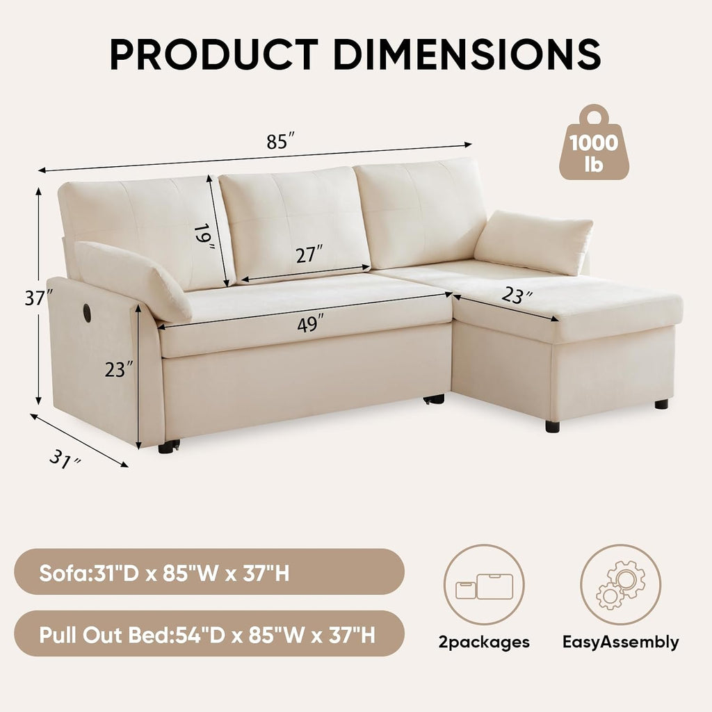Waxberry 85' L Shaped Sectional Sofa Couch, Pull Out Couch Sleeper Sofa Bed for Living Room, Modular Chenille Deep Seat Sofa, Reversible Chaise, Storage, Side Pockets & Dual USB/Type-C Ports, Beige