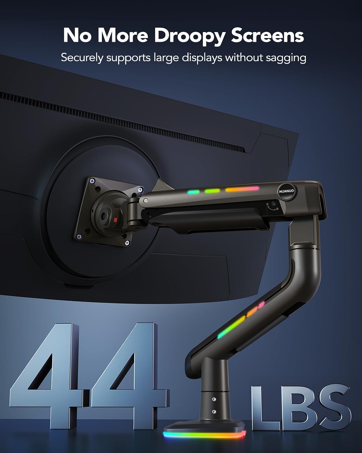 HUANUO 45 inch Monitor Arm, Heavy Duty Single Monitor Mount Holds 44 lbs for Ultrawide/Curved/Gaming Screen, Fully Adjustable with C-Clamp & Grommet Base, Max VESA 100x100mm, RGB