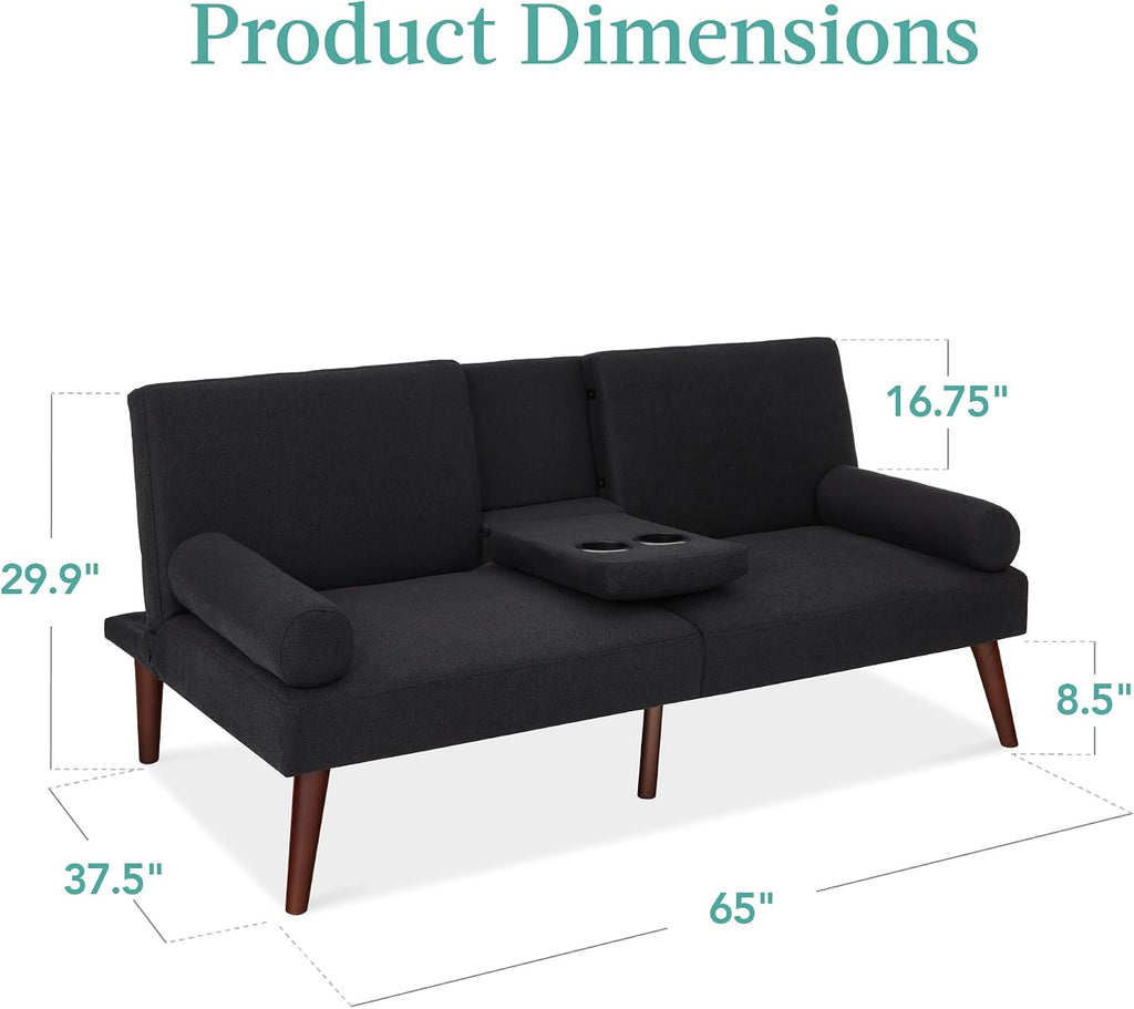 Best Choice Products Mid-Century Modern Upholstered Futon, Convertible Folding Sofa Bed, Small Couch w/Rounded Armrests, 2 Cupholders - Black