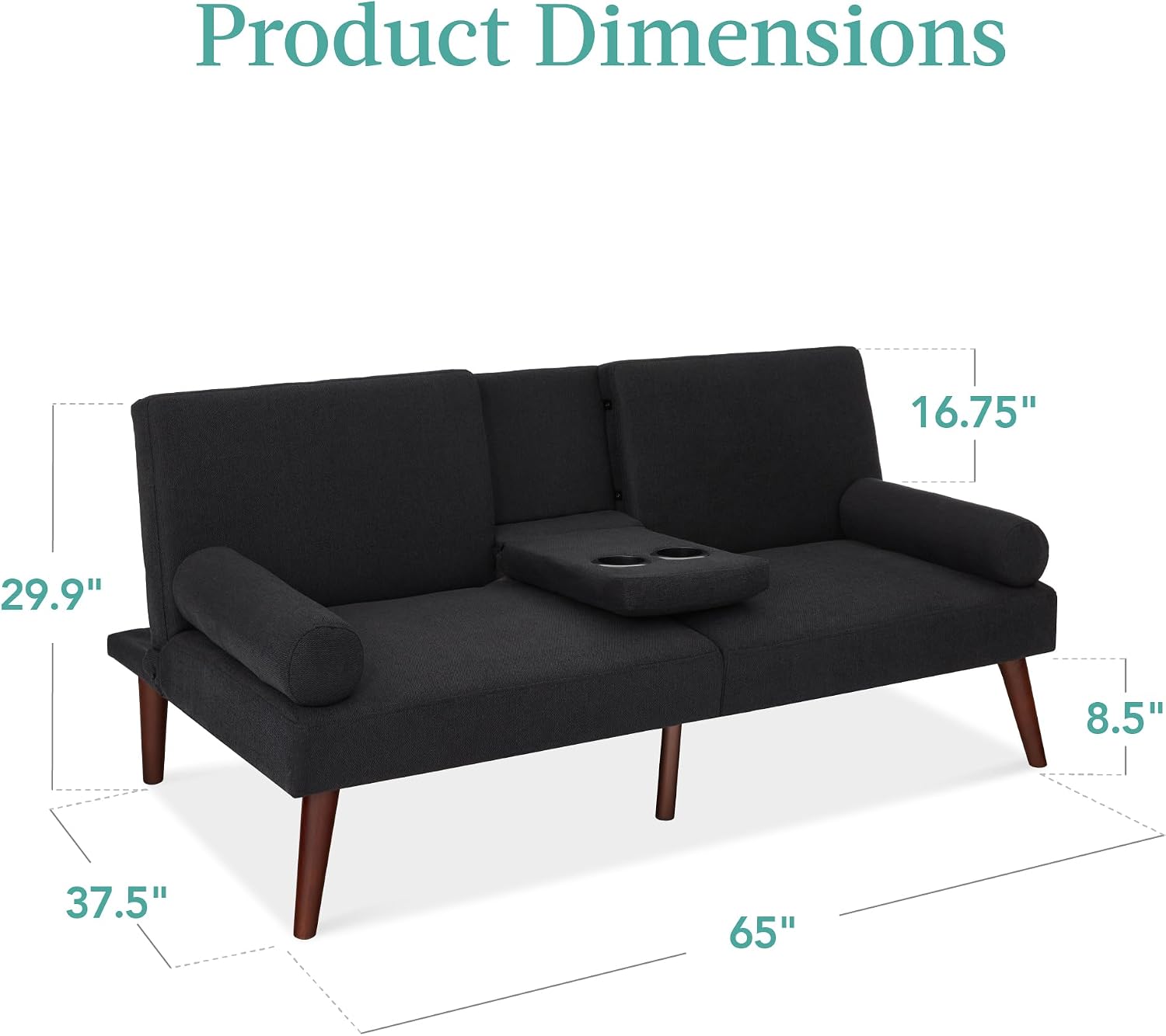 Best Choice Products Mid-Century Modern Upholstered Futon, Convertible Folding Sofa Bed, Small Couch w/Rounded Armrests, 2 Cupholders - Black
