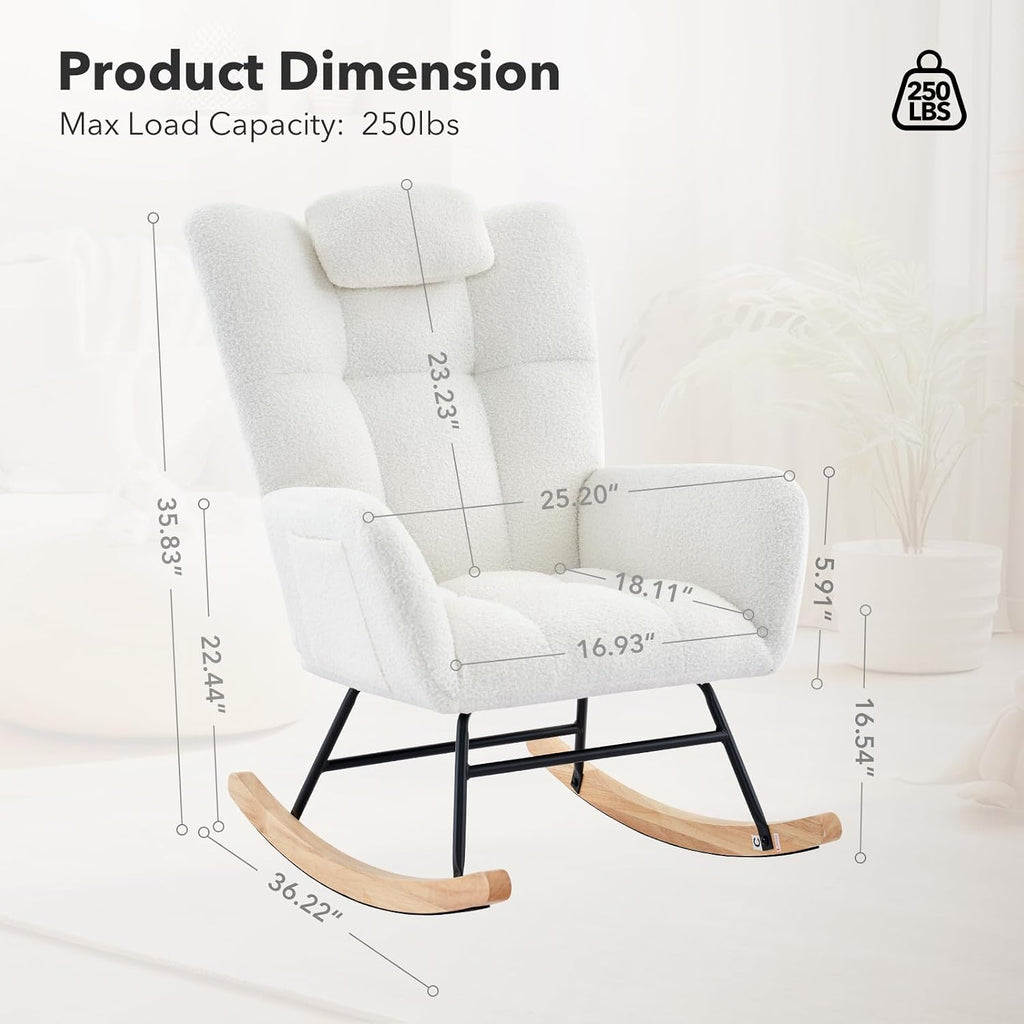 300lb Capacity Nursery Glider Rocker,Teddy Upholstered with Wood Legs for Living Room,Bedroom Nursery Includes Side Pockets