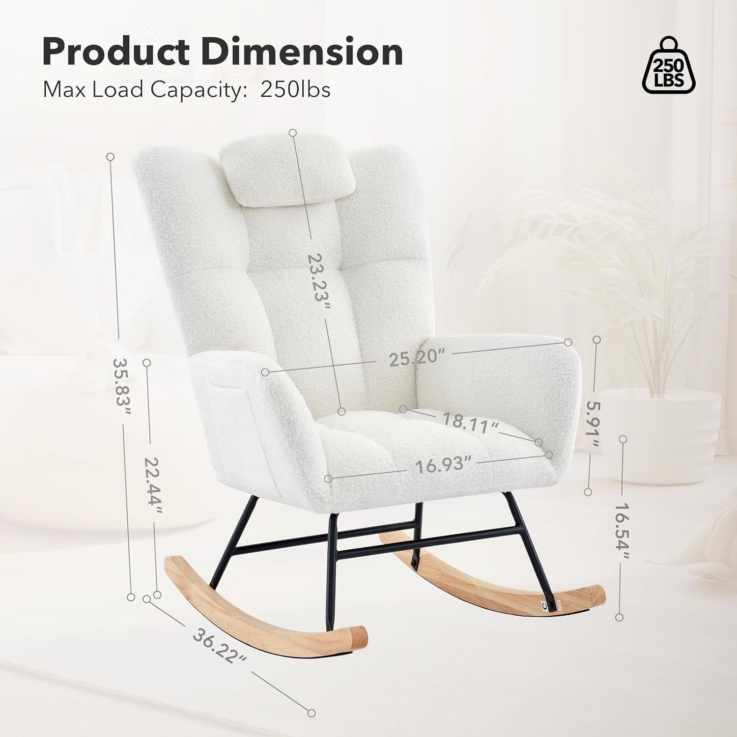 300lb Capacity Nursery Glider Rocker,Teddy Upholstered with Wood Legs for Living Room,Bedroom Nursery Includes Side Pockets