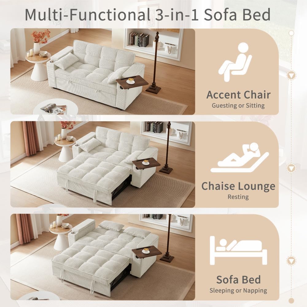 oaaktu ﻿ Large Size Convertible Sleeper Sofa Bed,Polka dot Velvet Pull Out Futon Couch with Storage handrails & Rotating Side Tables,Convertible Sofa Couch for Living Room,RV (Beige)