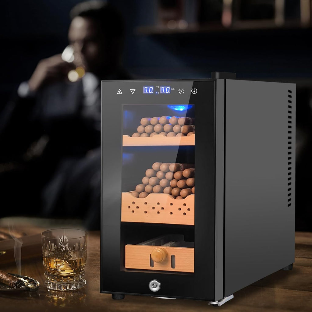 Electric Cigar Humidor, 25L 200 Counts Large Capacity,Thermostatic Electric Cooler Cabinet with Digital LED Screen, Safety Lock,Smart Humidity & Temp Control, Gifts for Men