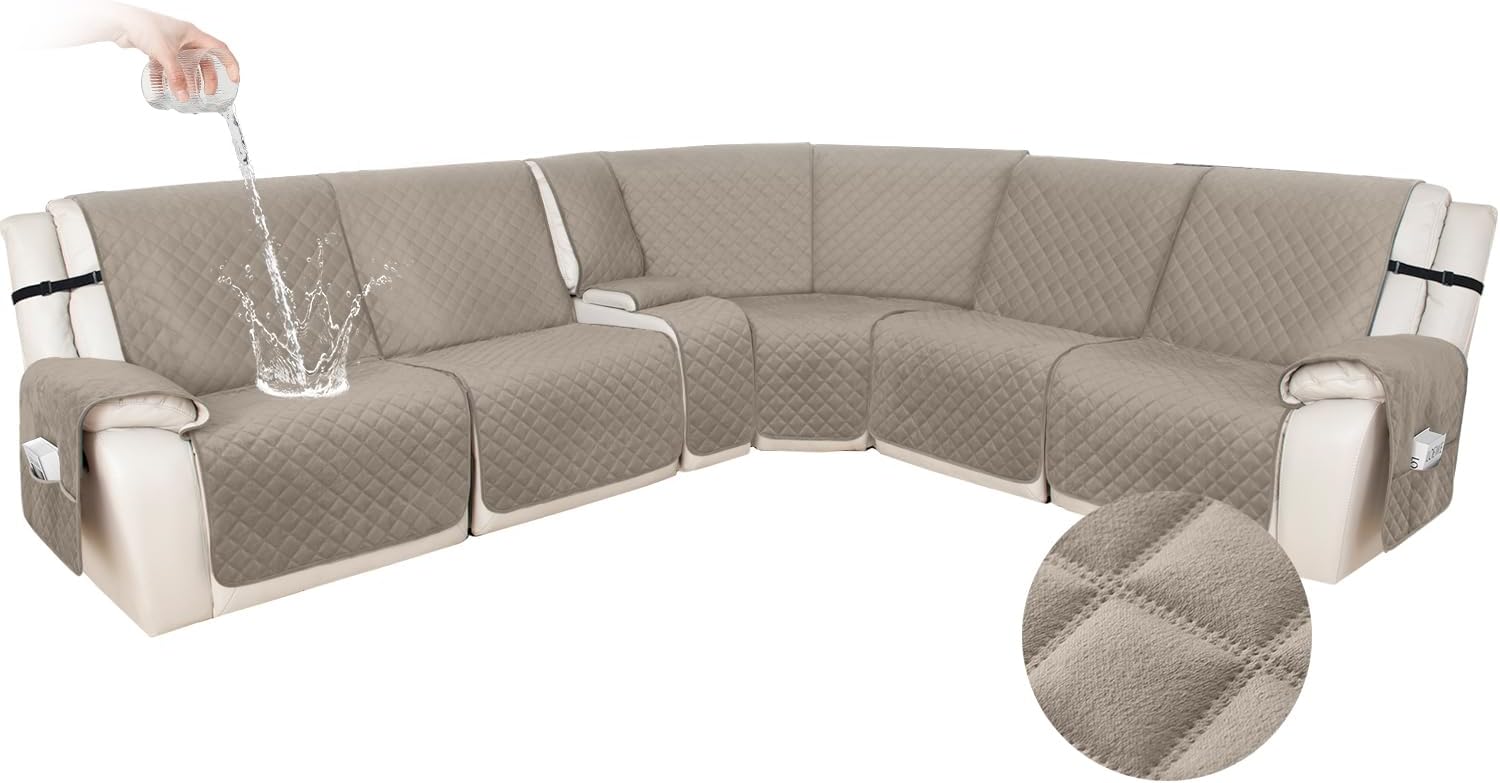 HDCAXKJ 100% Waterproof Recliner Sectional Couch Covers XX-Large L Shaped Corner Reclining Sofa Cover Washable Thick Non Slip Sectional Slipcover with Pockets (XXL 5 Seat and 1 Middle Console, Khaki)