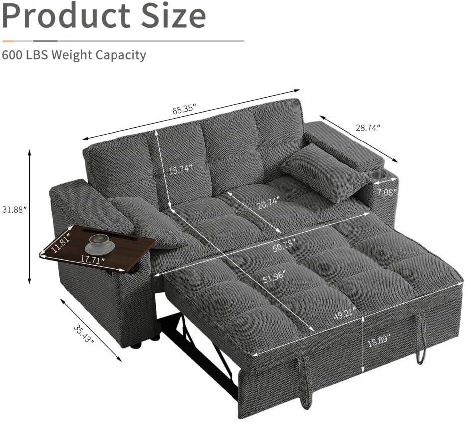 Auvsoce 65'' Convertible Sleeper Sofa Bed with Adjustable Backrest, Chaise Lounge, Side Table & USB/Type-C Ports – Stylish & Functional Addition to Any Living Room (Dark Grey Sofa Bed)