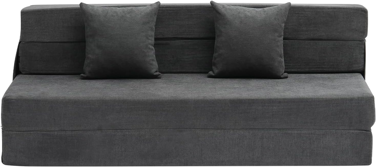 VEVOR Folding Sofa Bed, 3-in-1 Foldable Couch Bed with 2 Pillows and Washable Cover, 25D High Density Memory Foam Convertible Sleeper Chair Bed, Futon Couch for Living Room, Bedroom, Dark Grey(Queen)