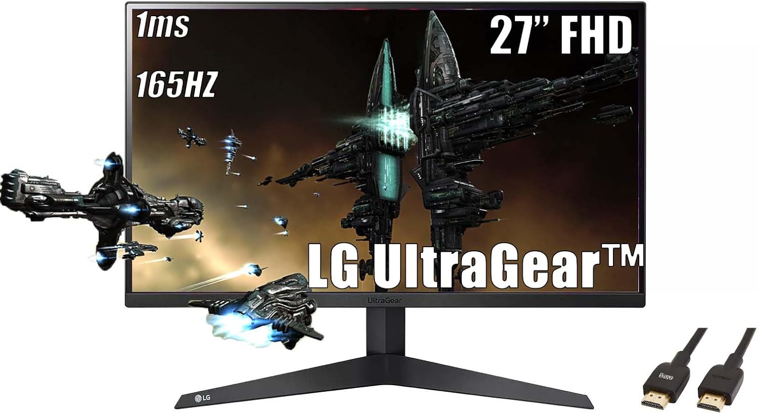 LG 27 inch Ultragear Gaming Monitor, FHD (1920 x 1080) Display, 165Hz, 1ms, AMD FreeSync Premium, Black Stabilizer, 3-Side Virtually Borderless Screen, with 5ave HDMI Cable