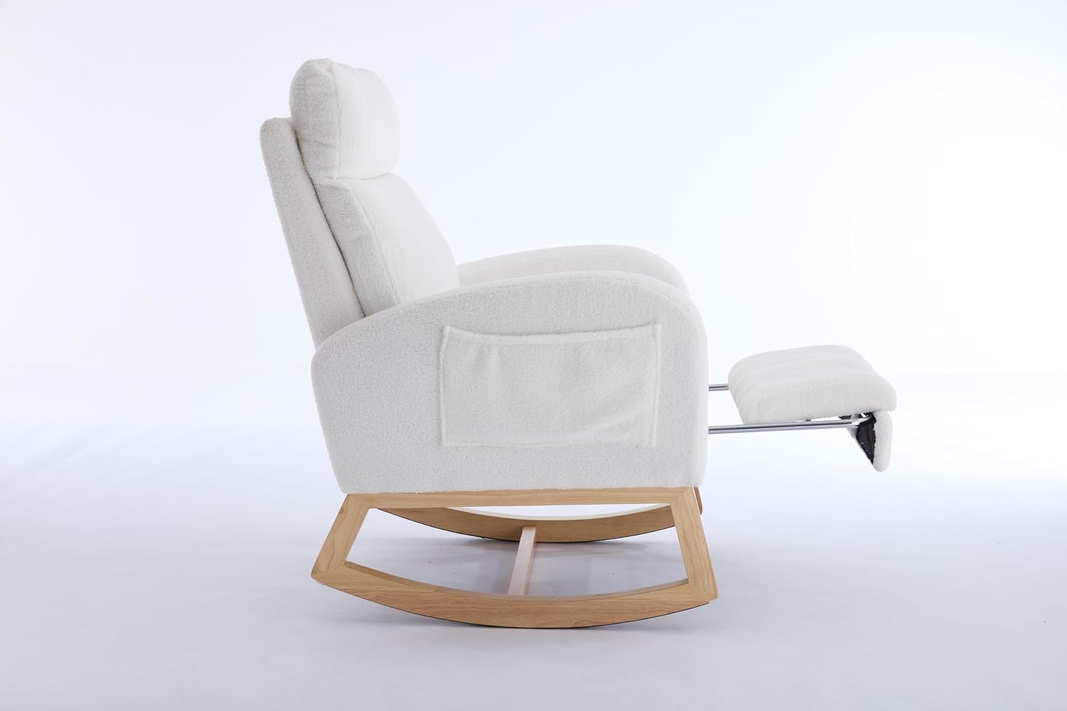 Modern Teddy Fabric Rocking Chair with Footstool, Nursery Rocker with Storage Pocket, High Back Wooden Base, 35-49 inch Length (Ivory, B)
