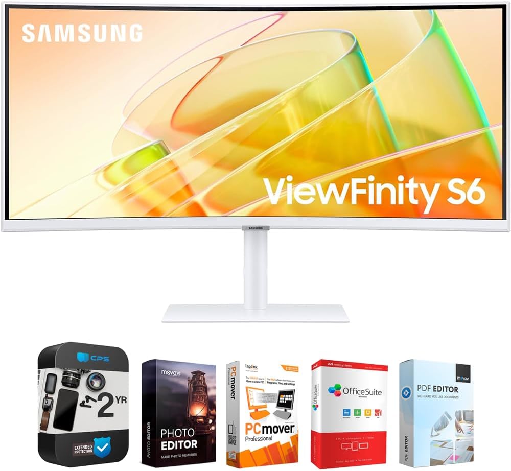Samsung 34' ViewFinity S65TC Ultra-WQHD 100Hz AMD FreeSync HDR10 Curved Monitor Bundle with Tech Smart USA Elite Suite 18 Standard Editing Software Bundle + 2 Year CPS Enhanced Protection Pack